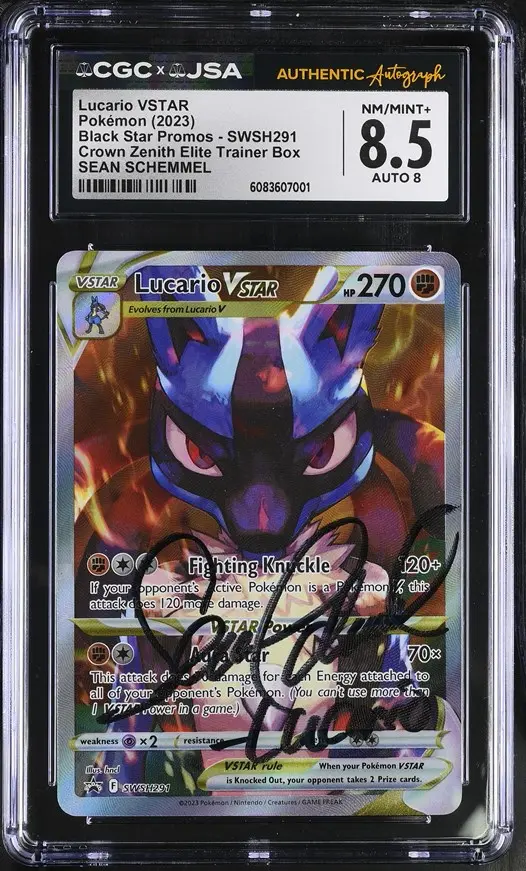 Lucario VSTAR Pokémon 2023 English Black Star Promos - Sword & Shield SWSH291 Crown Zenith Elite Trainer Box (Holo) Autographed by Sean Schemmel - CGC 8.5 with Autograph Graded